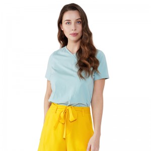 最新のドレストップスtシャツ緩いブラウス女性夏基本的なスタイルvネックスパンデックスペパーミントグリーン半袖