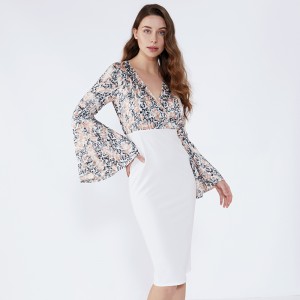 ホワイトフローラルシースフルートスリーブフォーマルボディコンドレス2019女性服