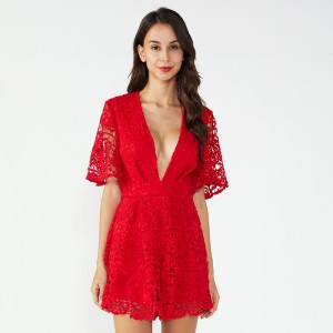女性のための赤い刺繍ワンピースレディース因果ショートセクシージャンプスーツ