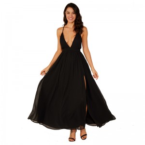 高品質の深いV黒のイブニングマキシドレスシフォンセクシーなエレガントなドレス
